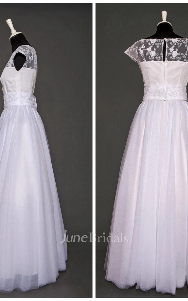 Bateau Cap Sleeve Long Tulle Wedding Dress With Sash And Sequins