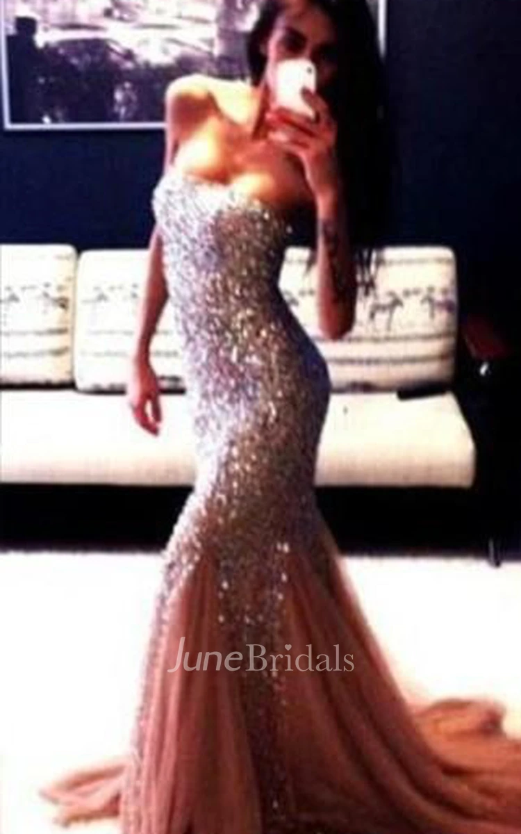 Champagne New Gorgeous Mermaid Strapless Prom Dresses Sleeveless Beadings Evening Gowns With Ruffles