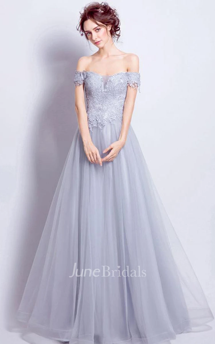 Ethereal A Line Lace Tulle Off-the-shoulder Sleeveless Prom Dress with Appliques