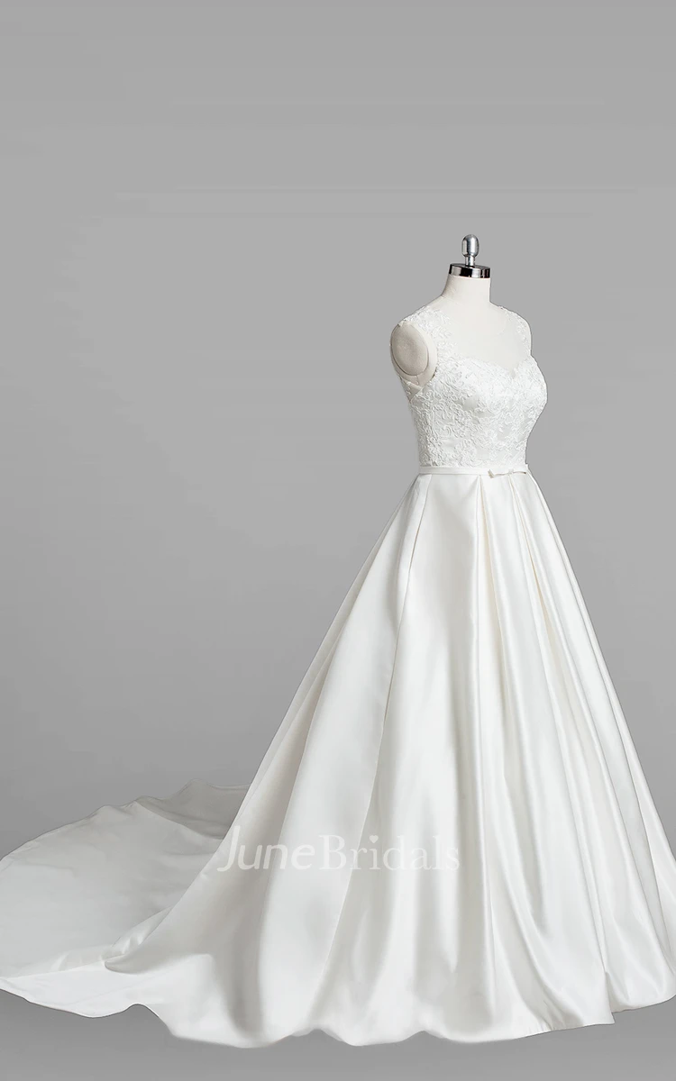 V-Neck Sleeveless A-Line Satin Wedding Dress With Beading