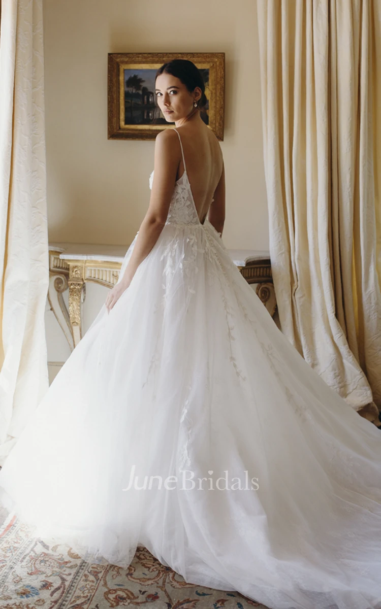 Tulle Backless Ethereal Spaghetti Straps Plunging V-neck Bridal Ballgown With Lace Appliques