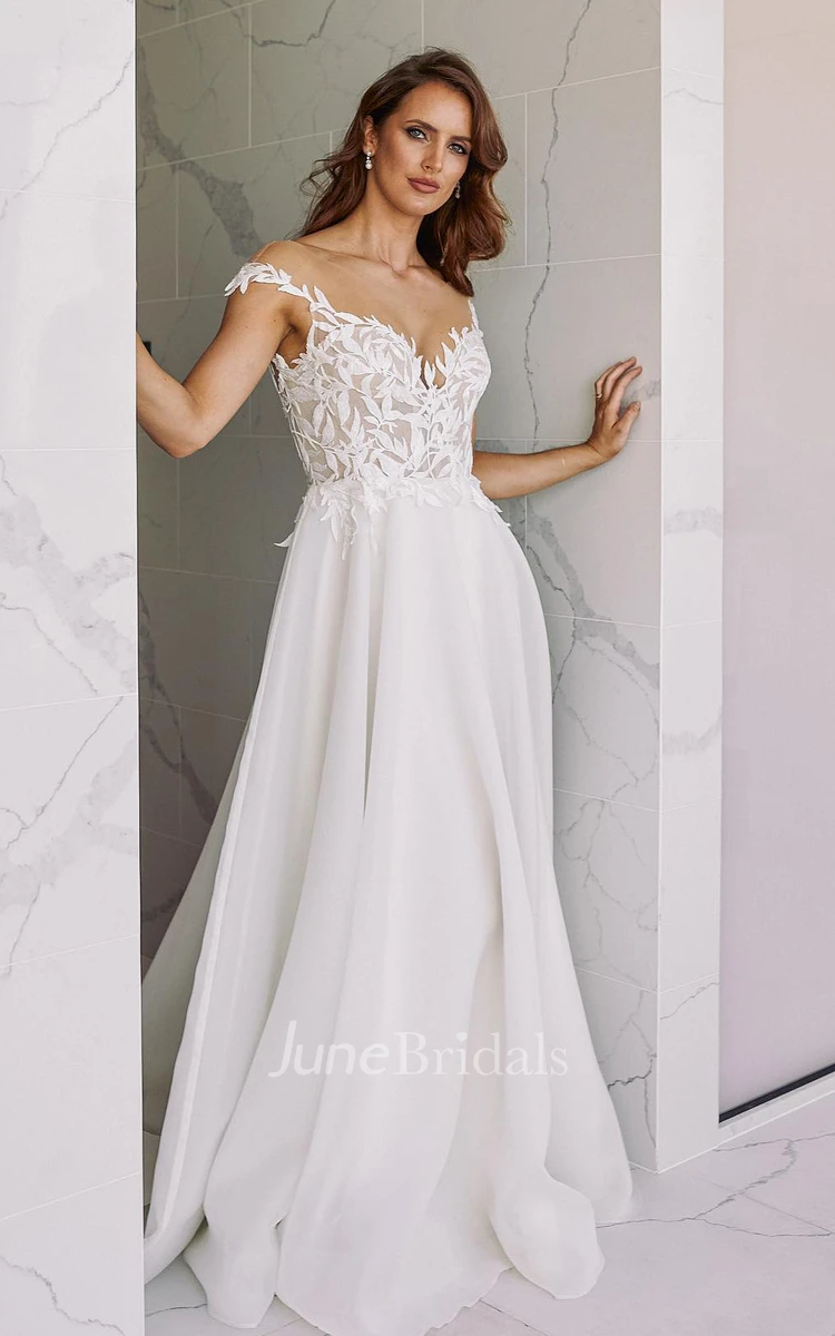 A-Line Bateau Neckline Chiffon Adorable Wedding Dress Casual Simple Sexy Country With Low-V Back And Short Sleeves Appliques