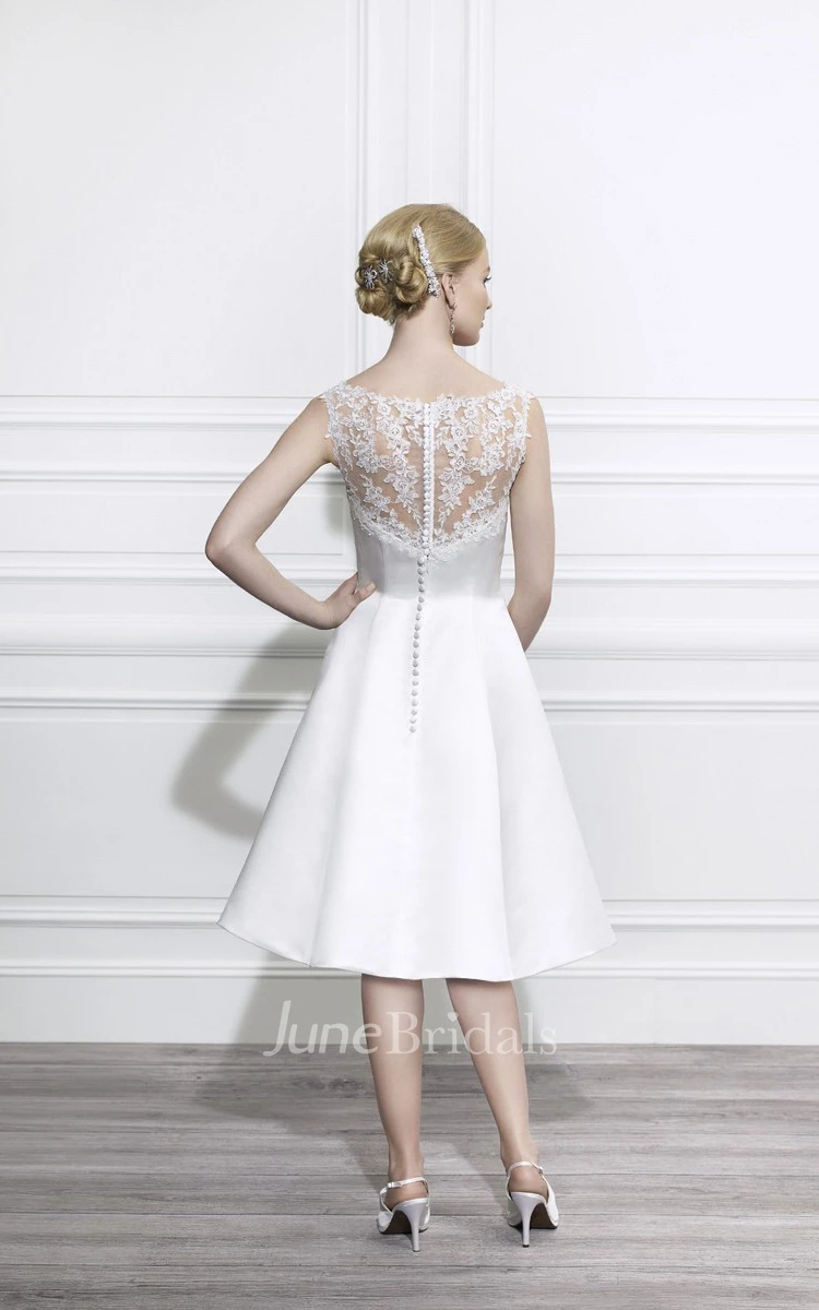 Bateau Knee-Length Appliqued Satin Wedding Dress With Illusion