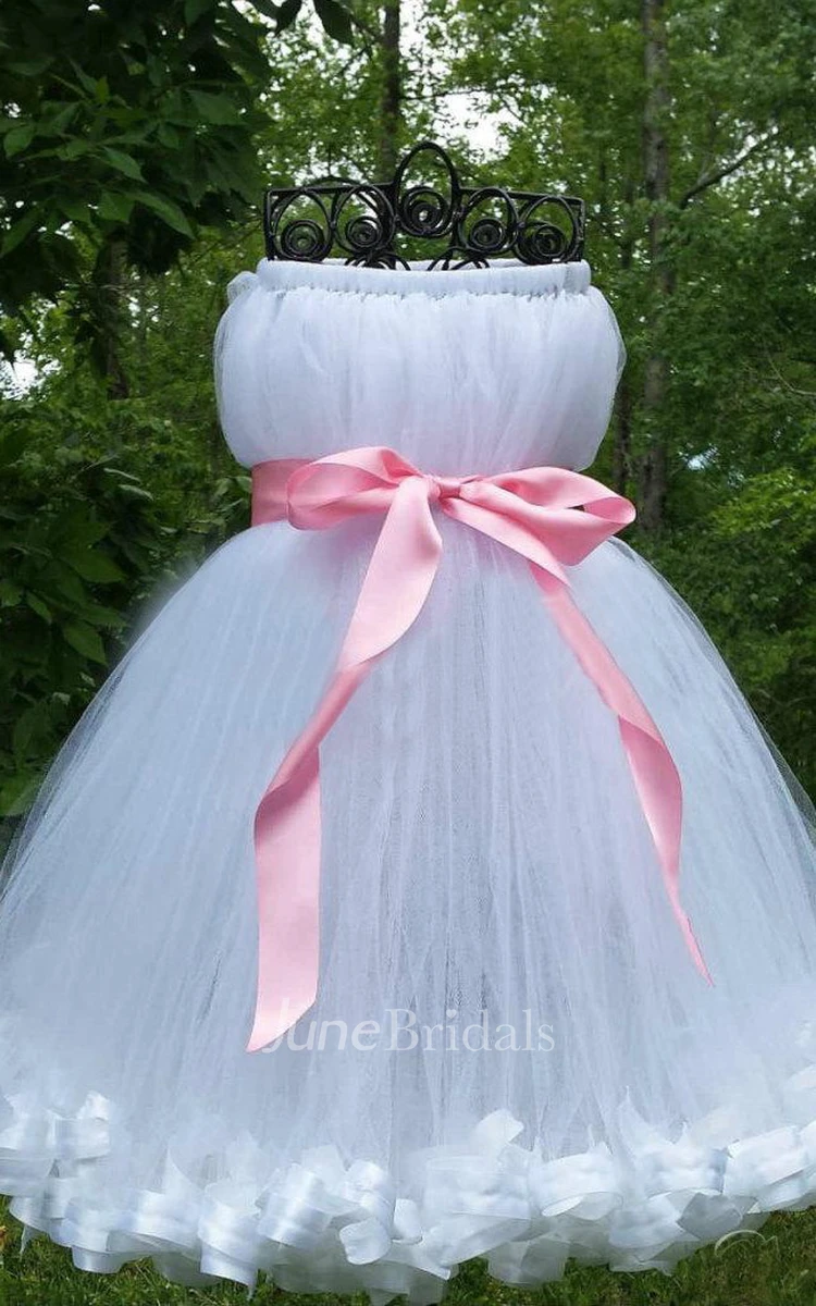 Sleeveless Sleeve Tulle Dress With Flower&Sash Ribbon