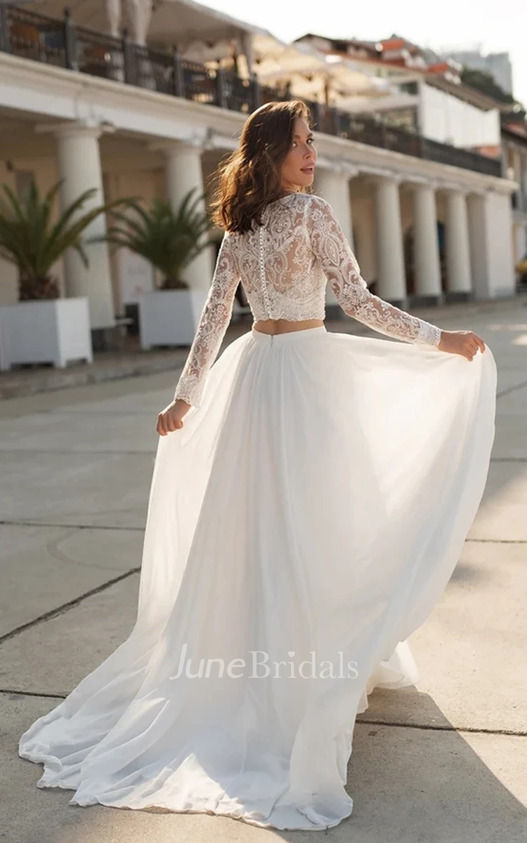 Two Piece Sexy V-neck Bridal Gown Chiffon with Beach Sweep Train Lace Long Sleeve Zipper