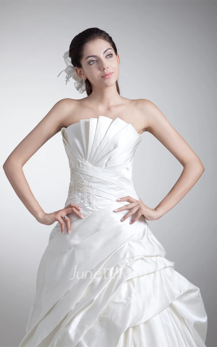 strapless a-line ball ruched gown with corset back and appliques