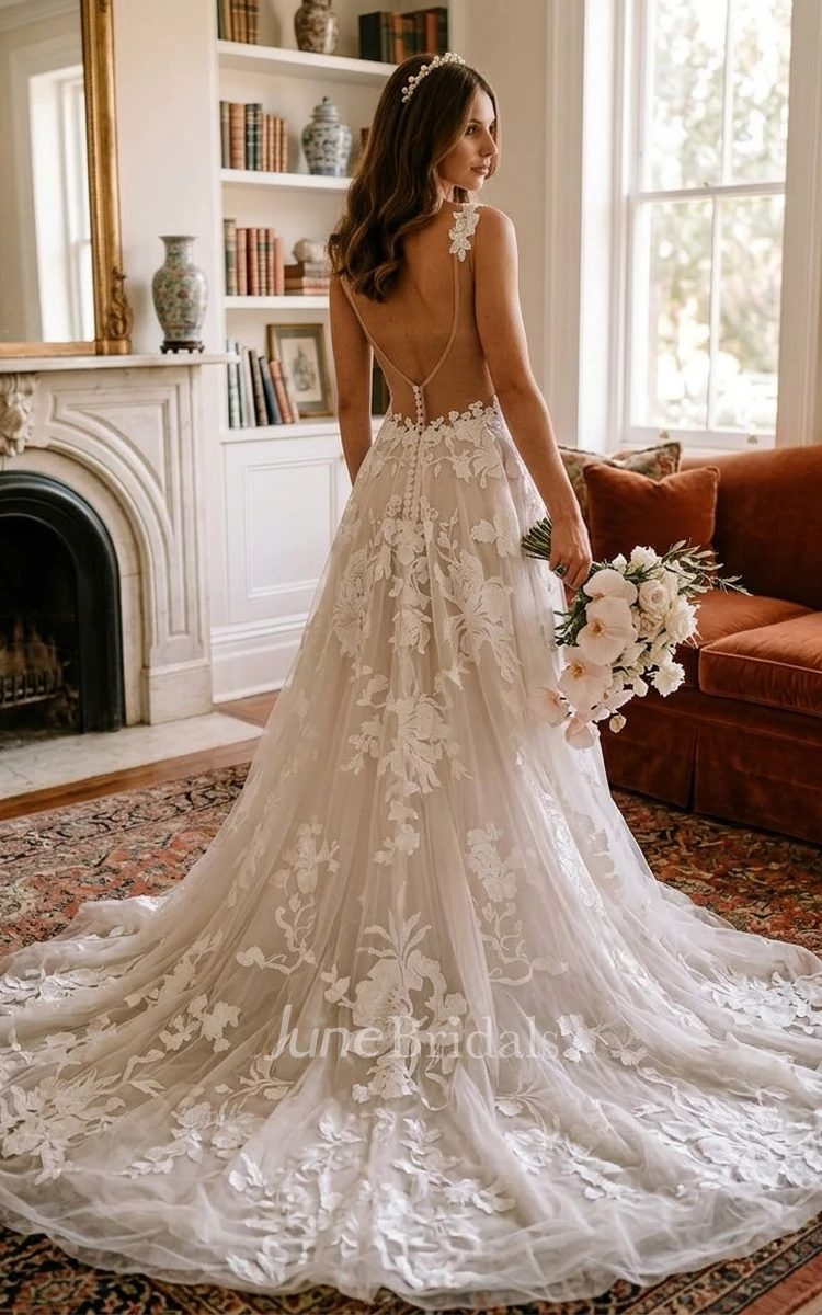 Boho Floral Lace A-Line Wedding Dress Sleeveless Plunging V-Neck Bridal Gown with Open Back