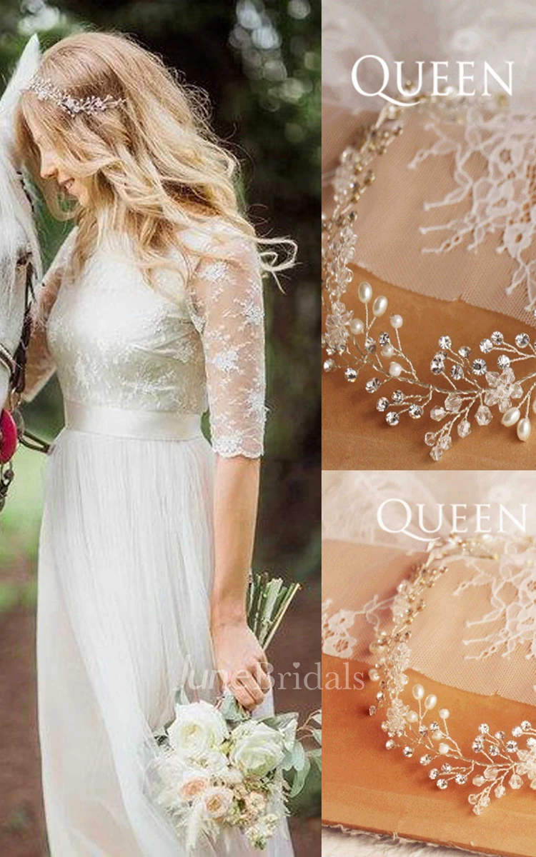 A-Line Tulle Lace Organza Satin Weddig Dress and Diamonds Branches Shine Aesthetic Hair Band
