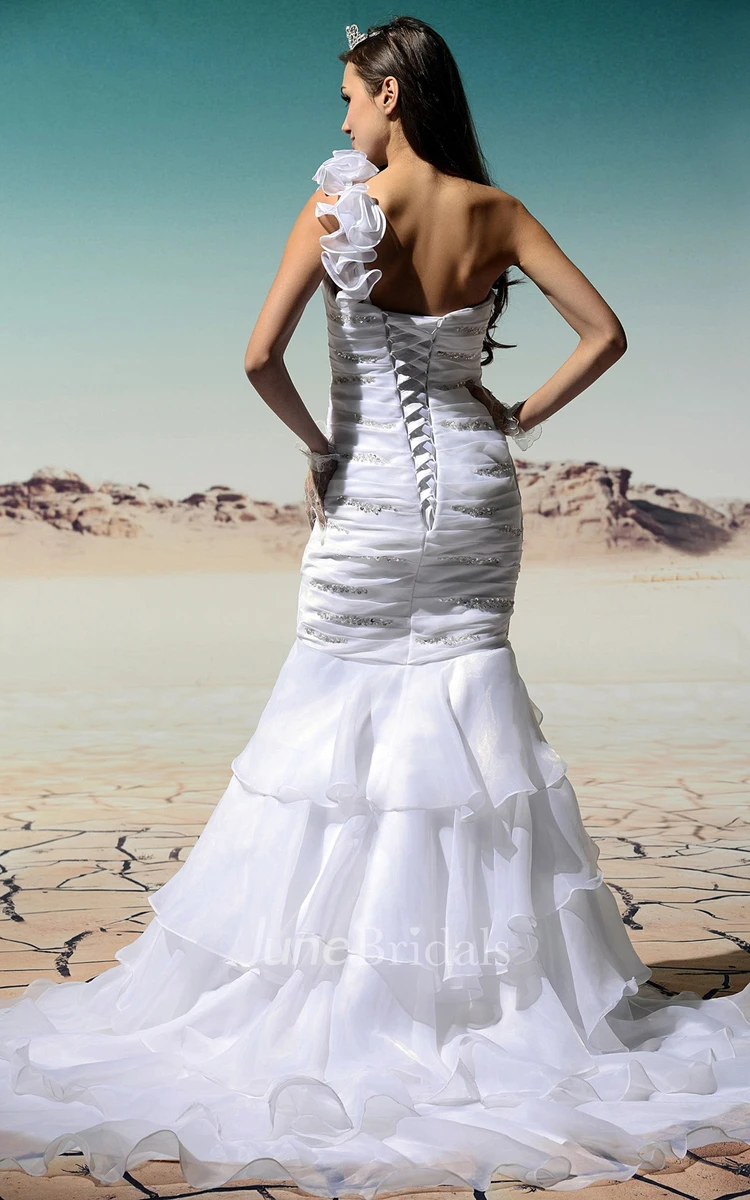 One-Shoulder Ruched Mermaid Dress With Beading and Ruffles