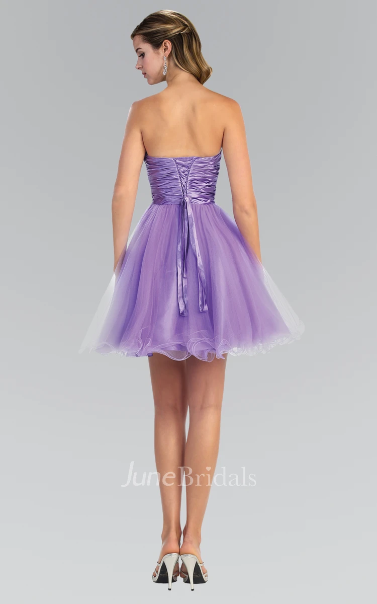 A-Line Short Strapless Sleeveless Tulle Corset Back Dress With Ruffles And Beading