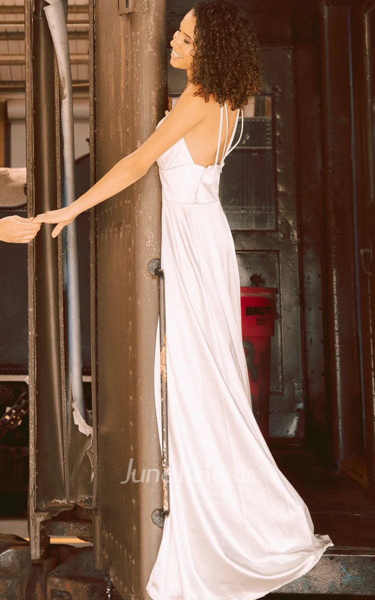 Satin A-Line Plunging Neckline Elegant Wedding Dress With Open Back And Split Front