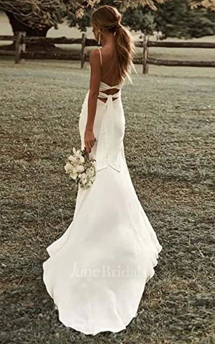 Satin Sheath Spaghetti Wedding Dress Casual Sexy Romantic Adorable Beach With Open Back And Long Sleeves And Split Front