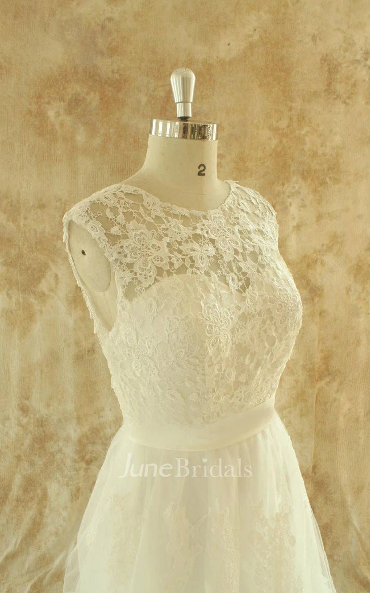 Jewel Sleeveless Deep-V Back Tulle Wedding Dress With Sash And Appliques