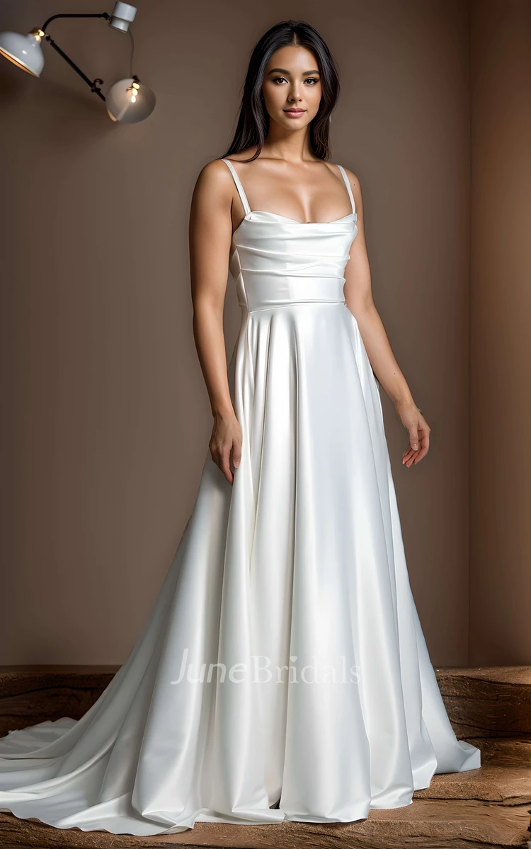 Simple Sexy A-Line Straps Square Neck Ruching Satin Wedding Dress Elegant Solid Beach Floor-length Sleeveless Backless Button Zipper Bridal Gown