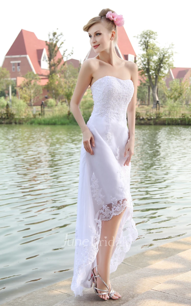 Organza High-Low Strapless Gown With Lace Appliques