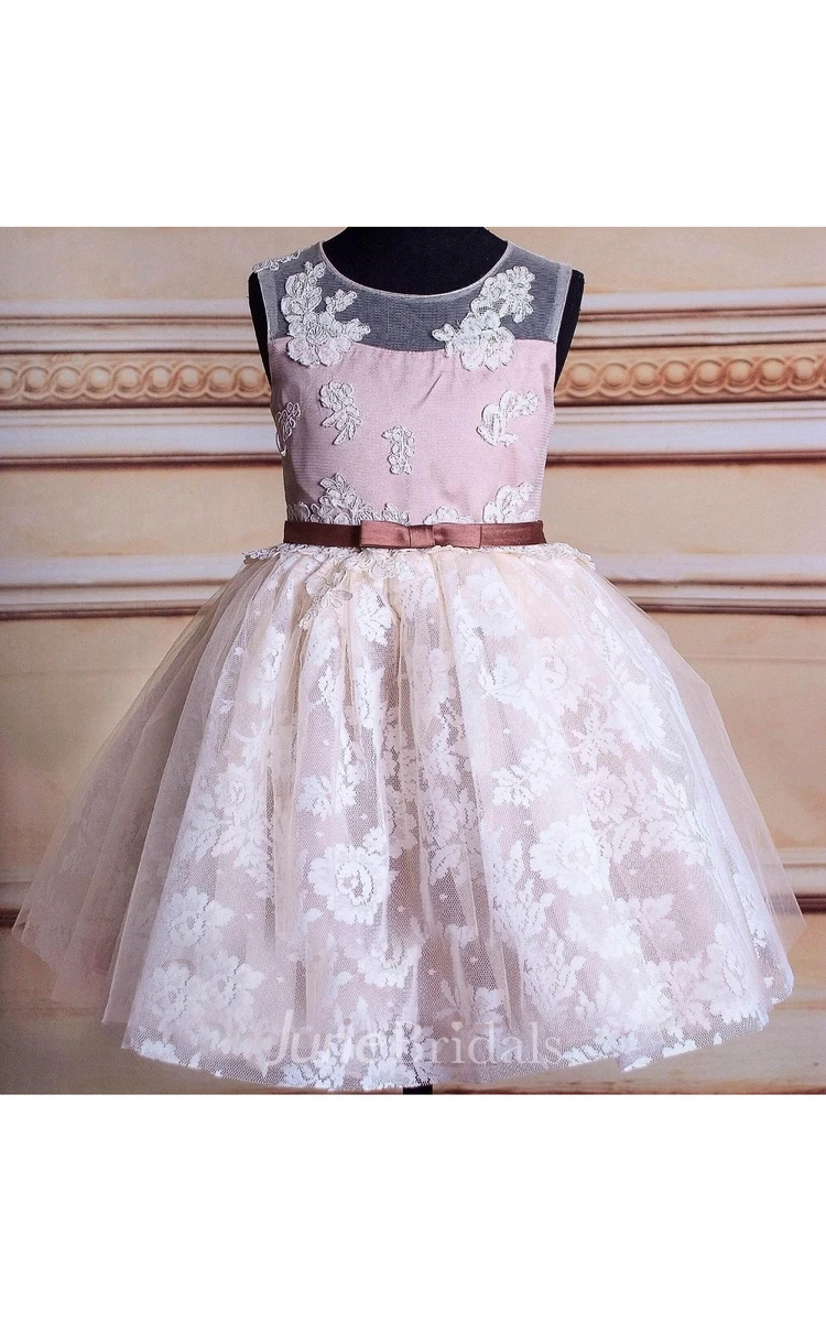 Sleeveless Illusion Back Tulle&Lace Dress With Flower&Sash Ribbon