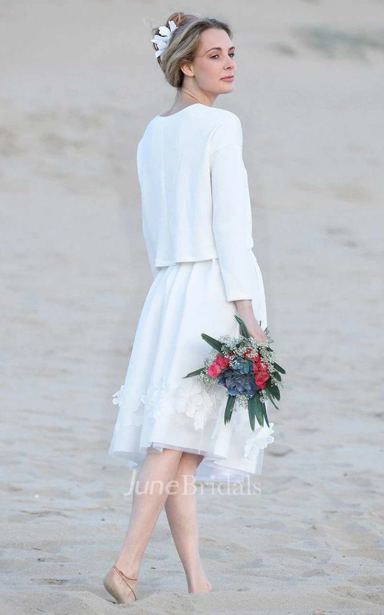 Scoop-Neck Long Sleeve Knee-Length Dress With Appliques