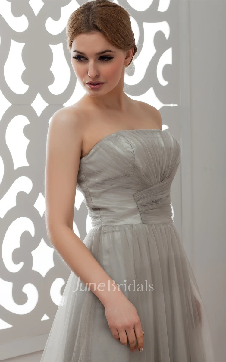 Strapless Tulle Floor-Length Gown with Flower and Pleats
