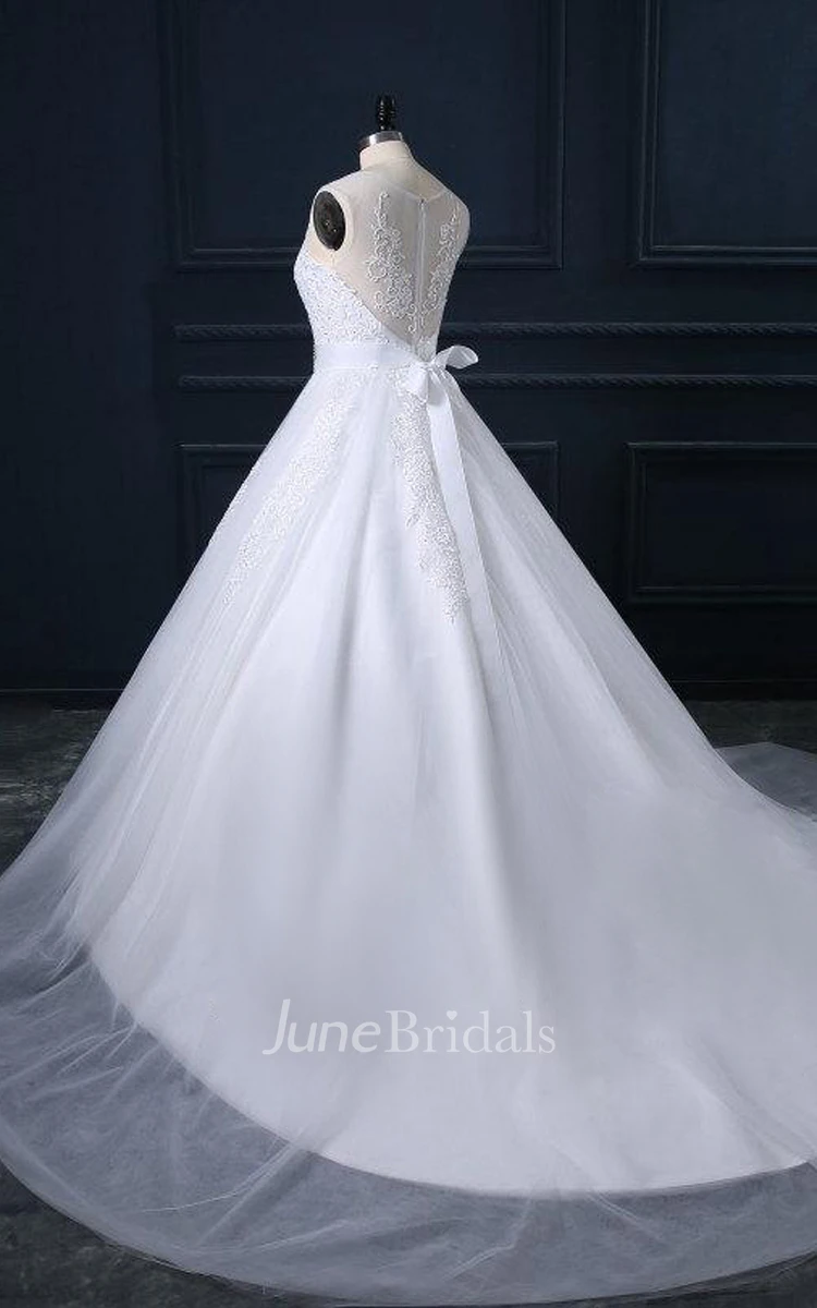 Cathedral Train Tulle Lace Satin Dress With Beading Appliques Illusion