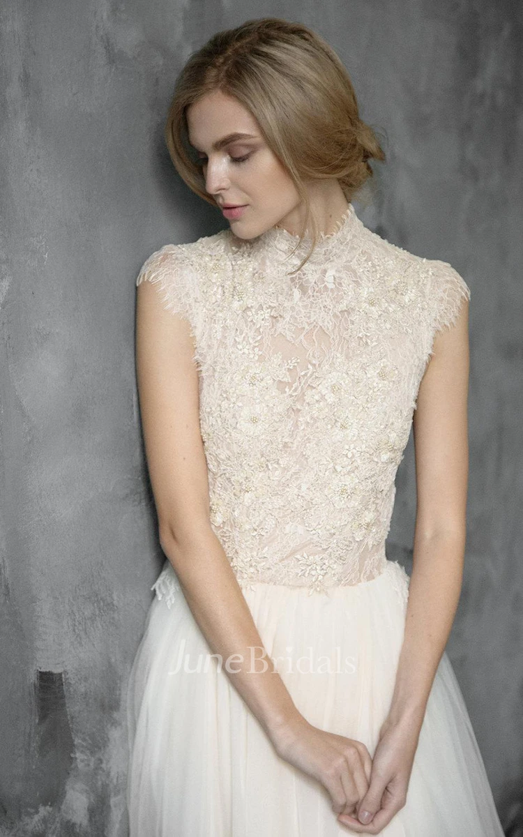 High Neck Tulle Lace Embroidered Wedding Dress