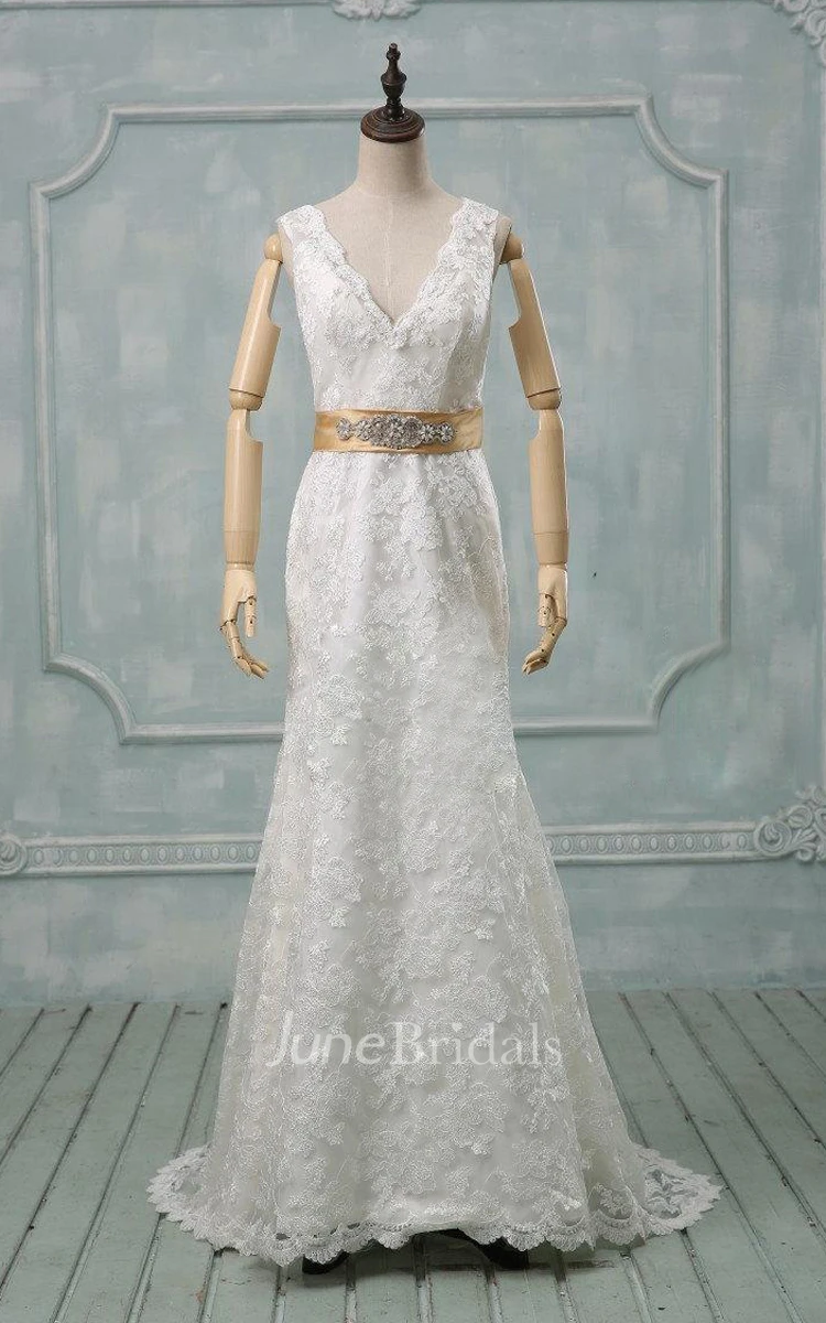 V-Neck Deep-V Back Sheath Lace Wedding Dress With Sash And Crystal Detailing
