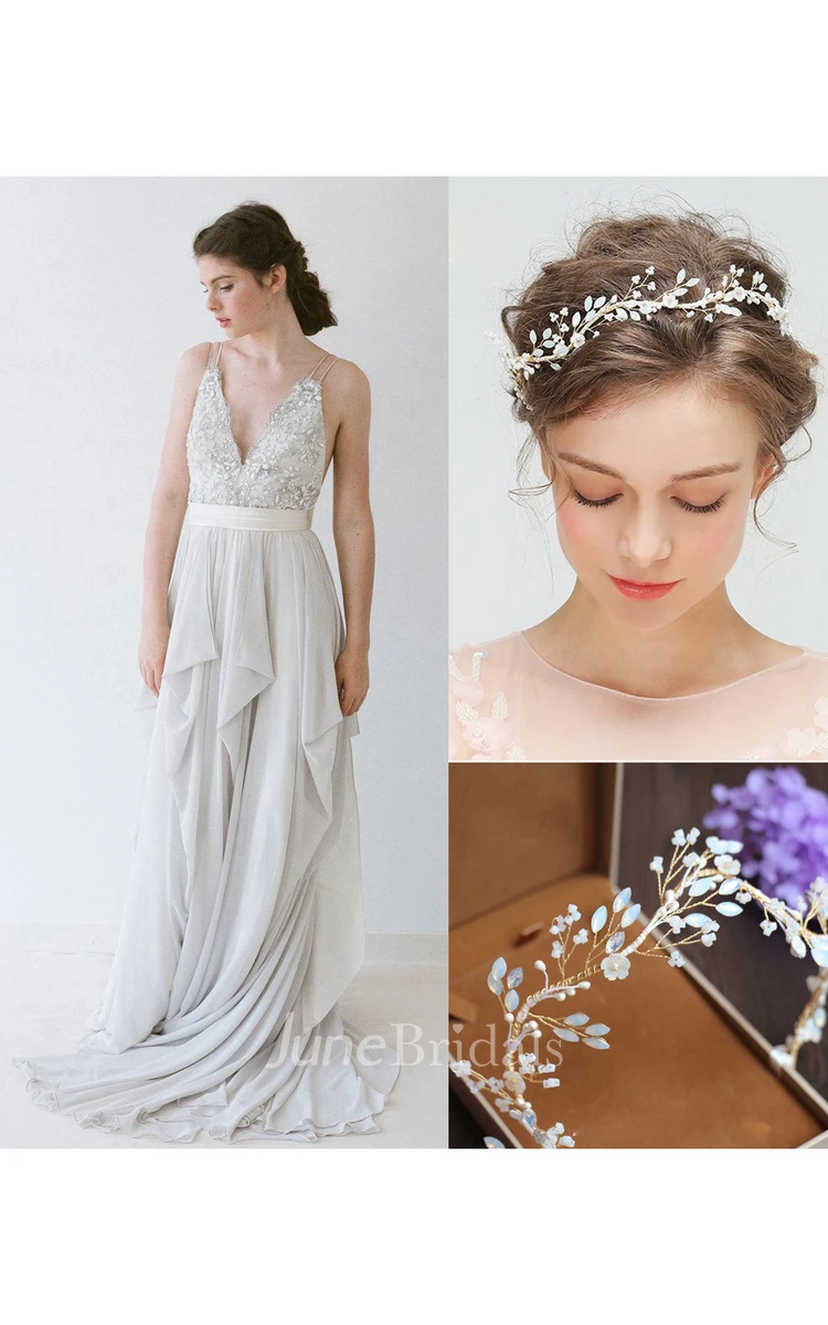 Romantic Double Strap Long A-Line Chiffon Wedding Dress and Shell Flower White Rhinestone Hair Band Ear Clip Set