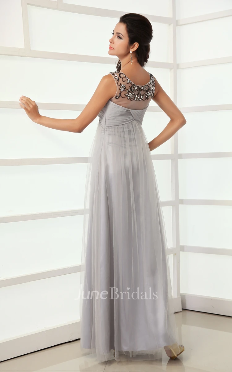 Empire A-Line Modest Scoop Neckline Tulle Gown With Crystal Detailing Top