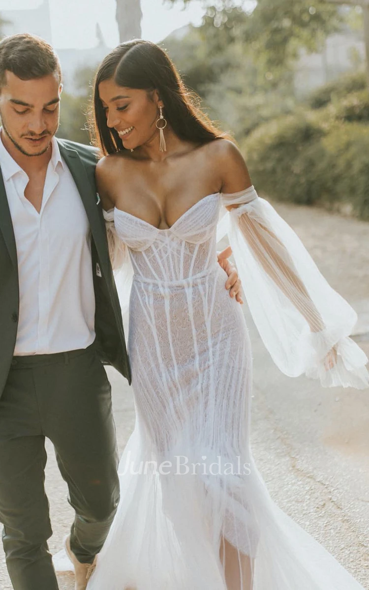 Flowy Casual Mermaid Off-the-Shoulder Detachable Illusion Sleeves Wedding Dress Modest Ethereal Organza Sweetheart Bridal Gown with Train