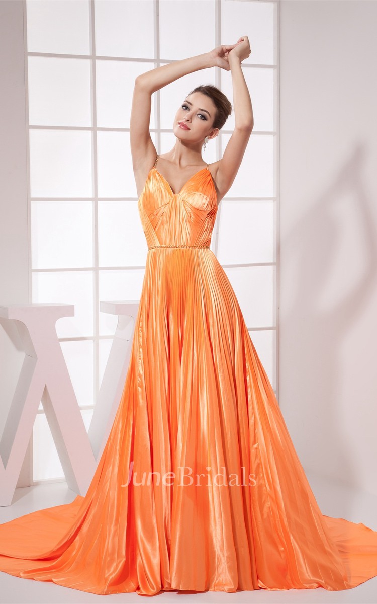 Plunging pleated satin on sale ball gown with bow