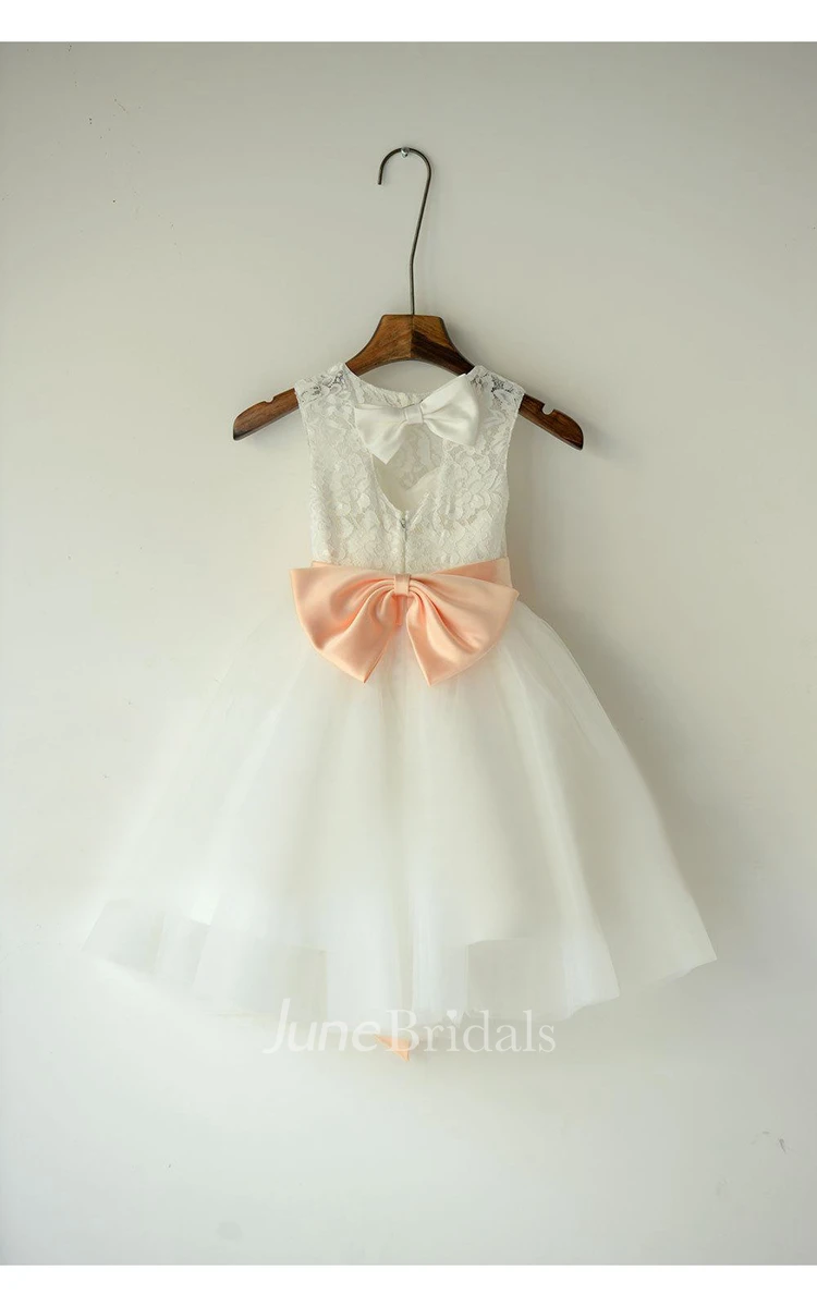 Ivory Lace Organza Flower Girl Dress With Peach Sash and Bow