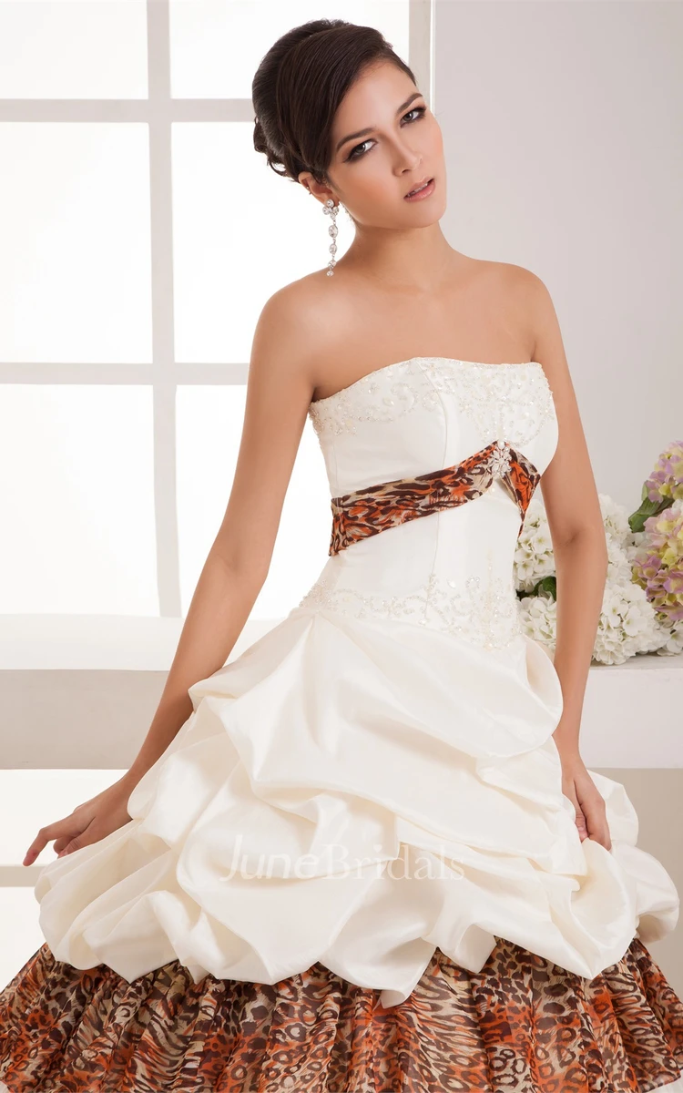 Strapless Leopard Pick-Up Gown with Tiers and Appliques