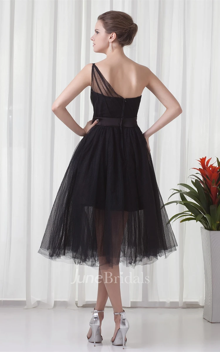One-Shoulder A-Line Tulle Tea-Length Dress with Ruching