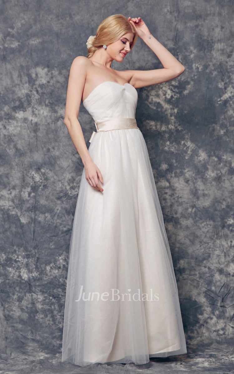 Elegant Strapless A-line Long Tulle Dress With Sash