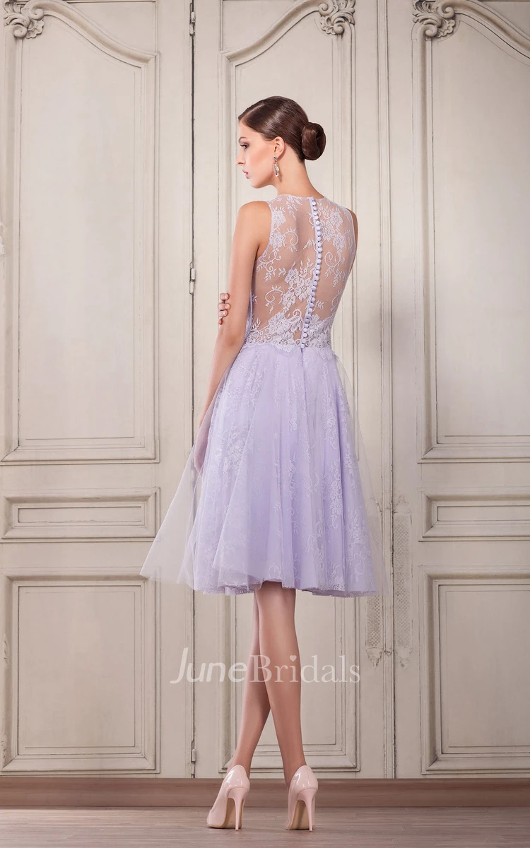 A-Line Knee-Length Scoop Sleeveless Tulle Pleats Lace Button Dress