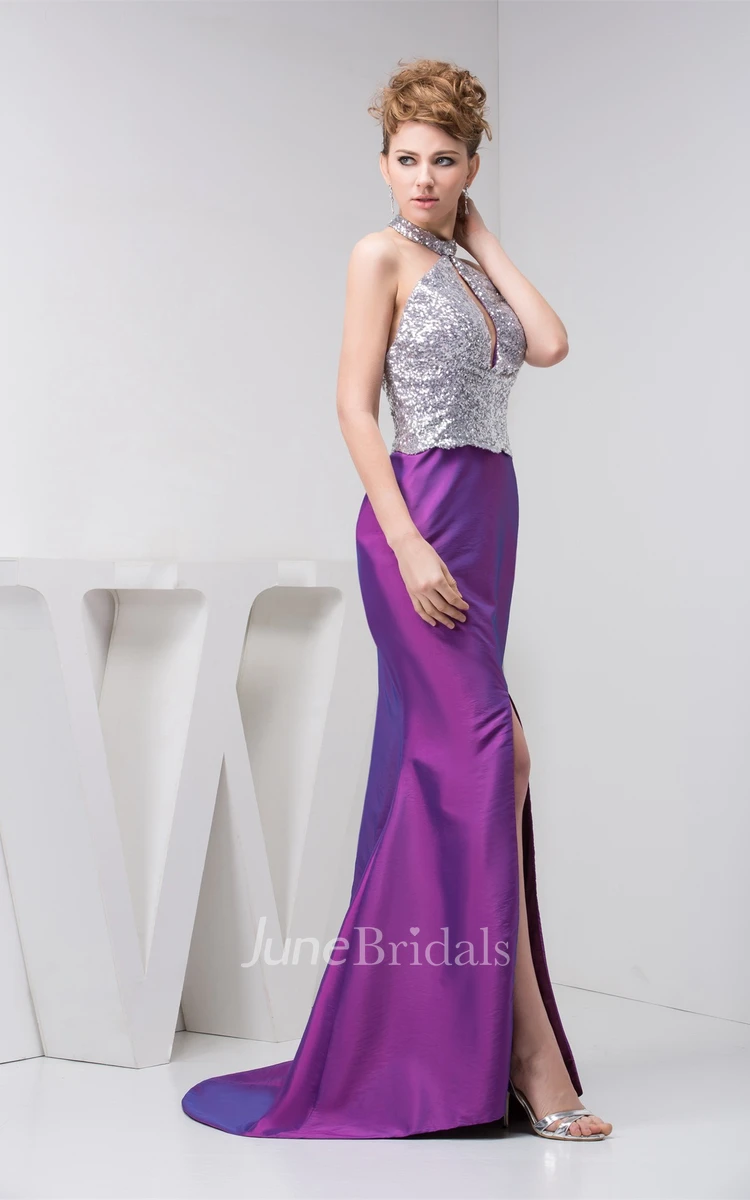Sleeveless Mermaid Front-Split Dress with Sequins and Keyhole