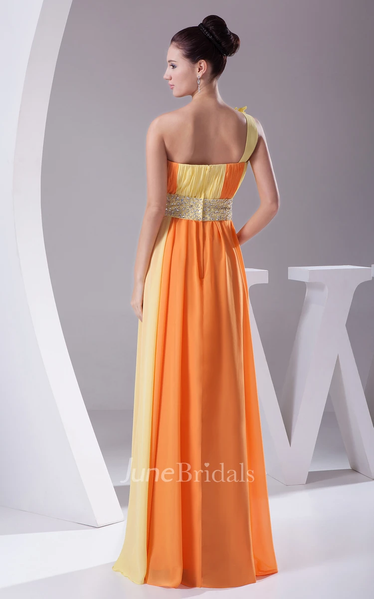 Mute-Color Floor-Length Chiffon Dress With Flower and Single Strap