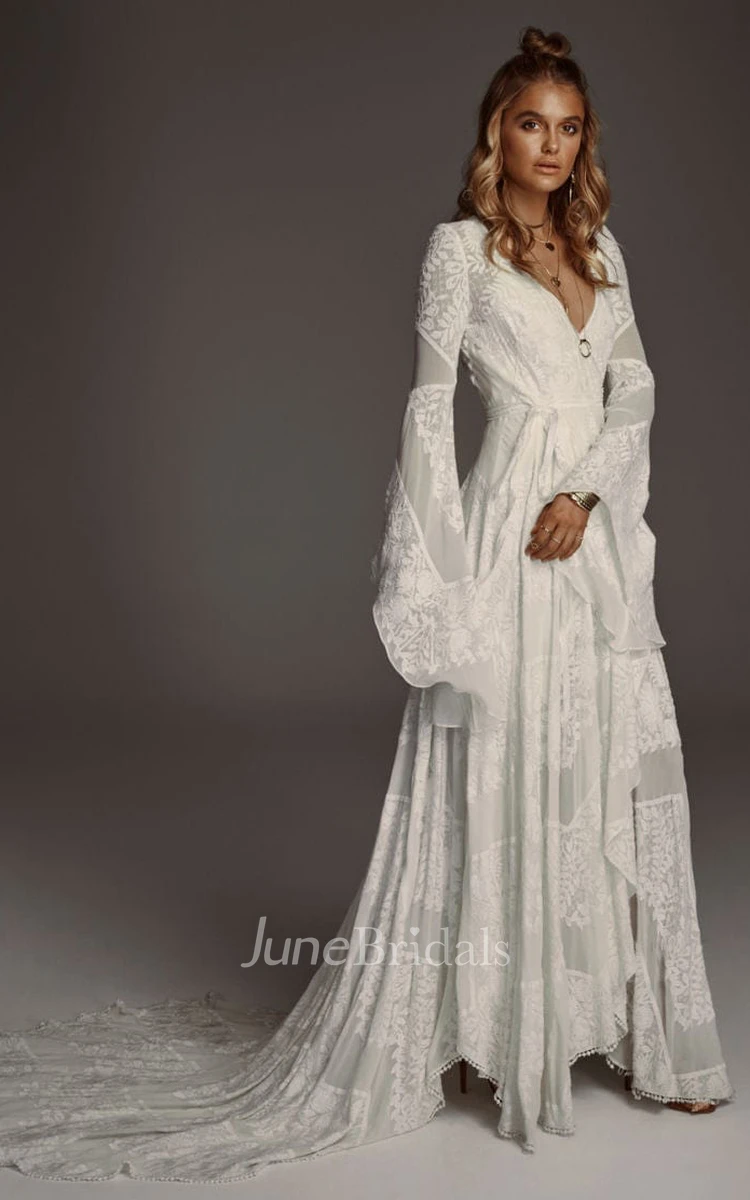 V-neck A-Line Lace Bohemian Wedding Dress Simple Casual Sexy Adorable Country With Illusion Back And Illusion Long Sleeves