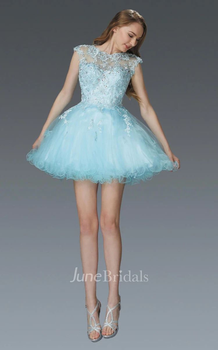 A-Line Short Jewel-Neck Cap-Sleeve Tulle Dress With Appliques And Beading
