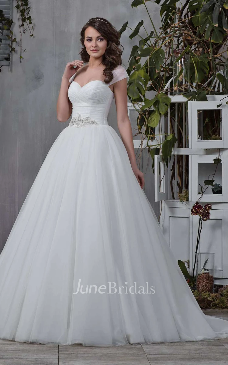 Cap-Sleeve Sweetheart Criss-Cross Tulle Ball Gown With Beading And Corset Back
