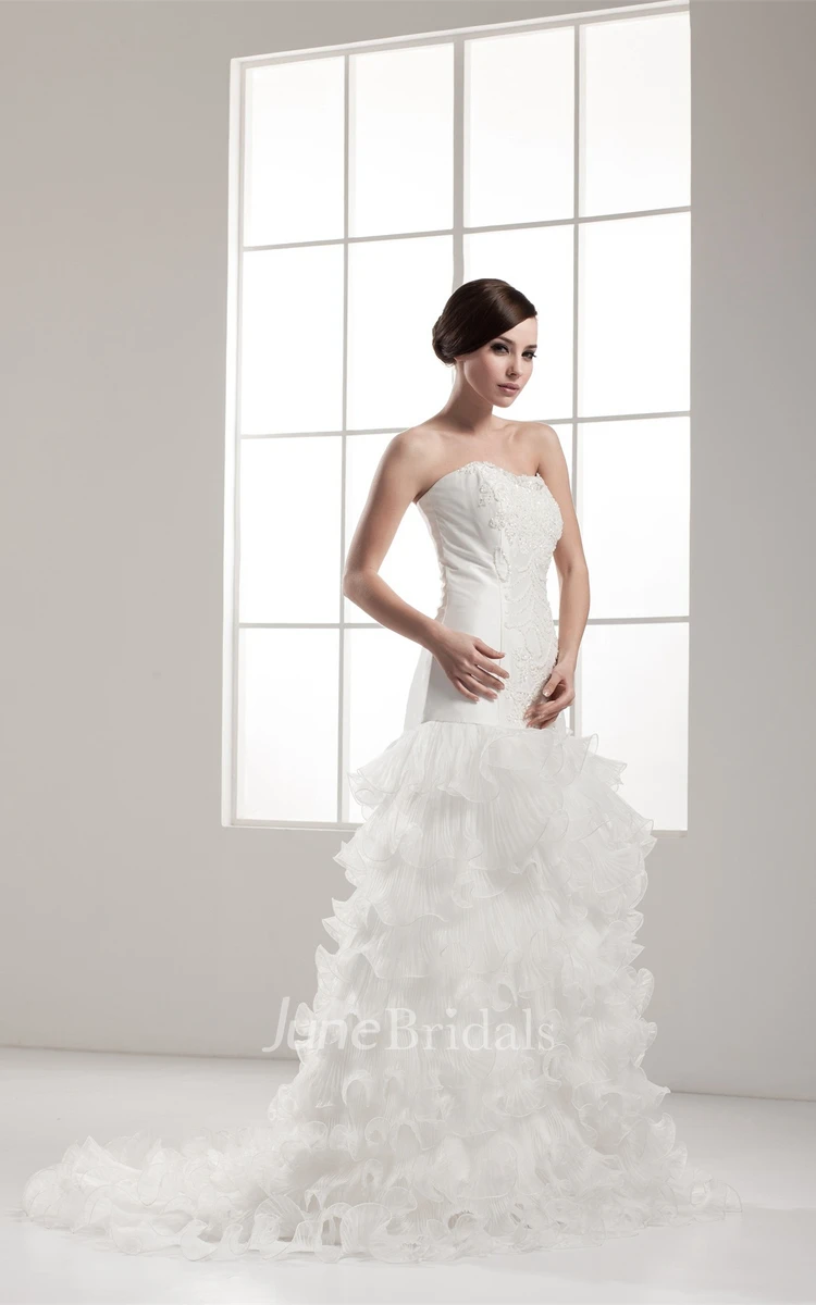 Strapless Ruffled A-Line Gown with Stress and Tiers