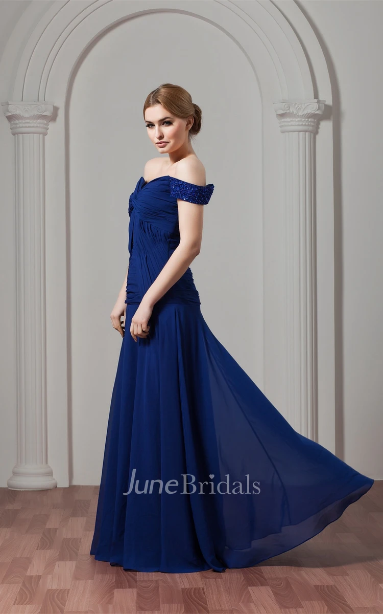 Off-The-Shoulder Chiffon Maxi Dress with Beading and Central Ruching