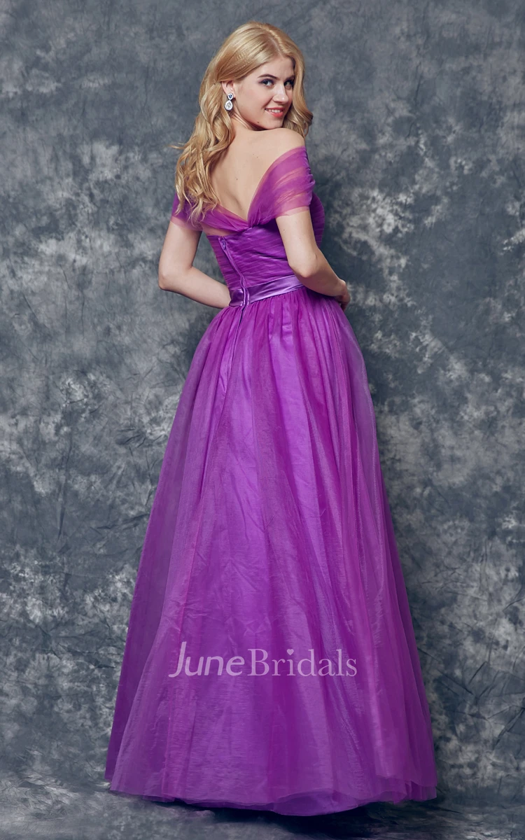Elegant Off-the-shoulder Pleated Long A-line Tulle Dress