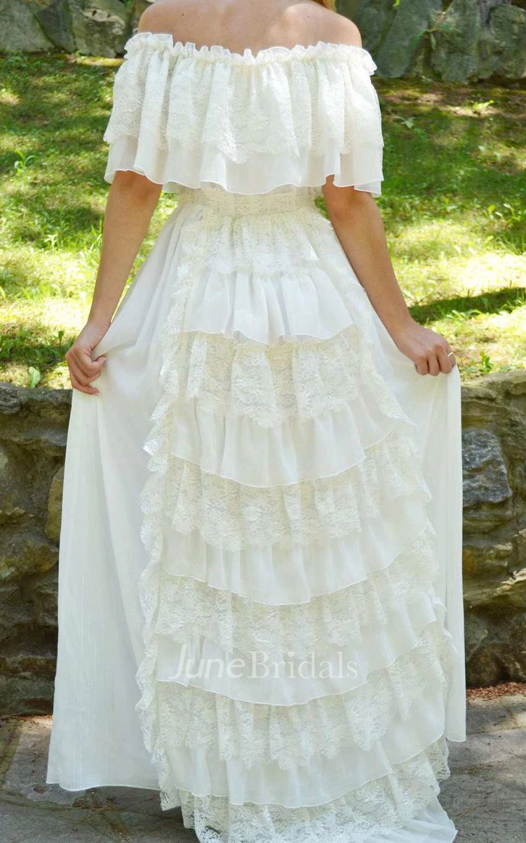 Off-The-Shoulder Short Sleeve Lace Chiffon Wedding Dress With Tiers