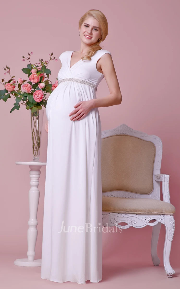 V-neck Cap-sleeved Jersey Maternity Wedding Dress With Beaded Empire Waist