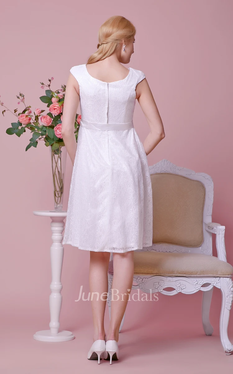 Scoop Neckline Allover Lace Knee Length A-line Maternity Wedding Dress With Cap Sleeves