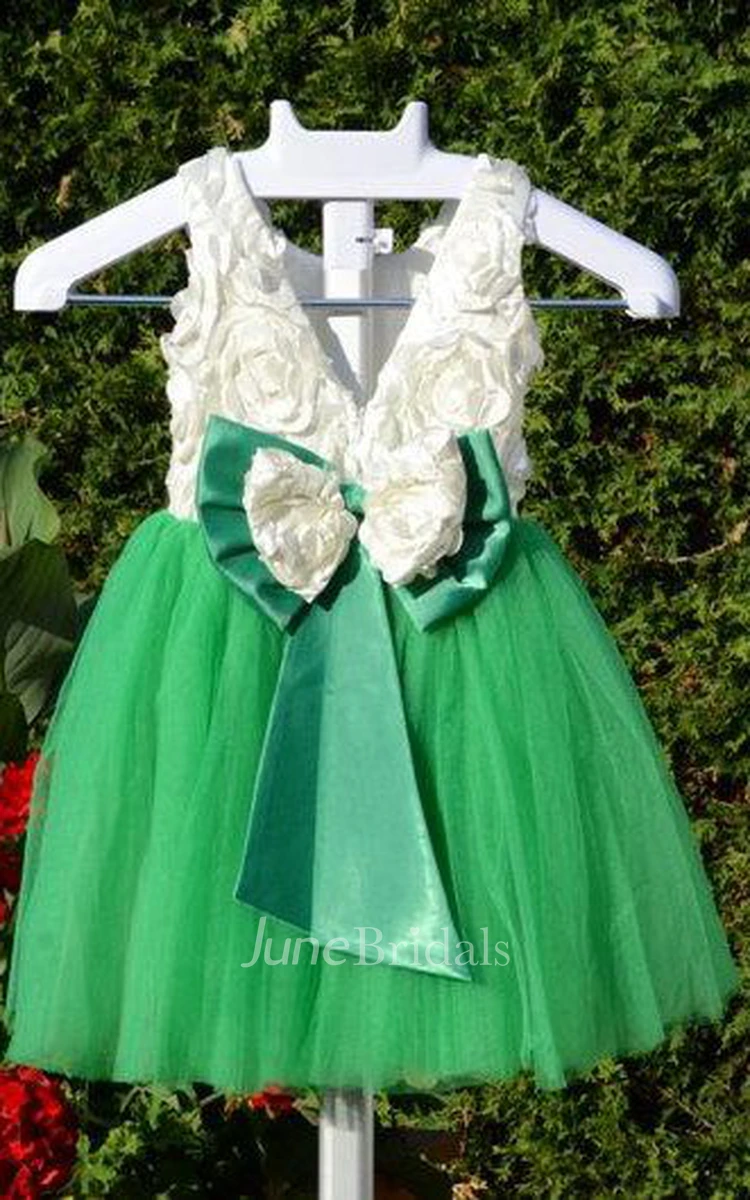 Strapped Pleated Tulle&Satin Dress With Flower&Sash Ribbon