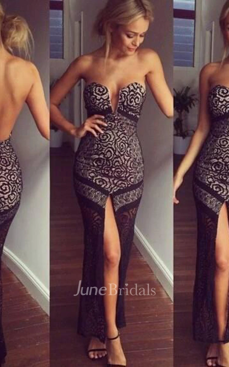 Sexy Black Lace Prom Dresses Front Split Floor Length Backless