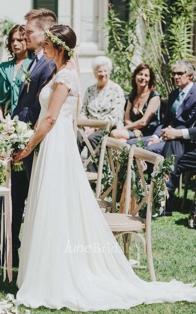 High-end A Line Jewel Chiffon Sweep Train Wedding Dress with Appliques