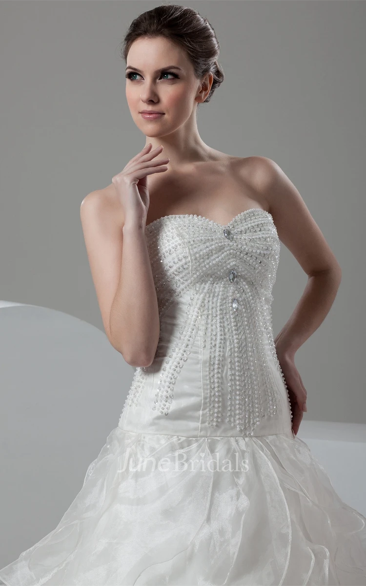 Strapless Beaded A-Line Gown with Ruffles and Chapel Train