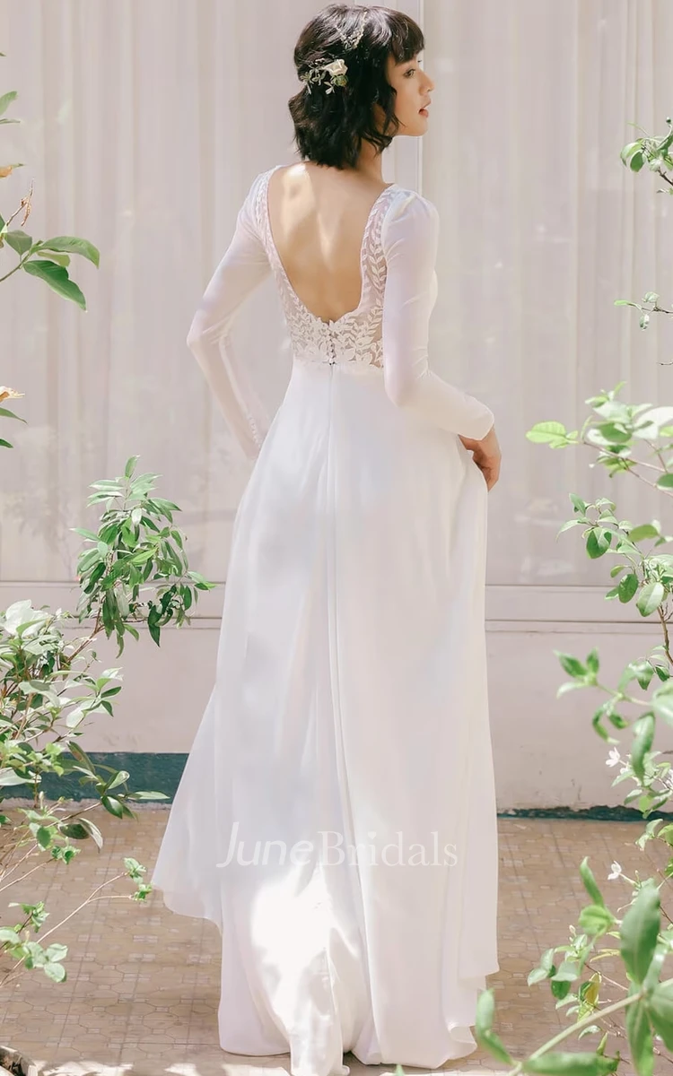 Simple Casual A-Line Long Sleeve Jewel Chiffon Wedding Dress Modest Beach Country Backless Bride Gown